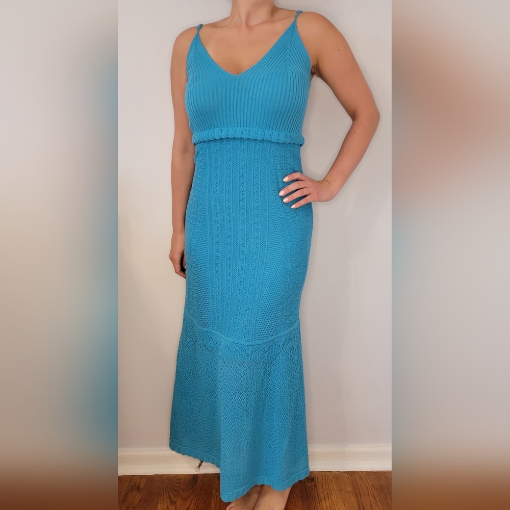 NWT House of Harlow 1960 Blue Open-Crochet Knit Maxi Dress Size Small